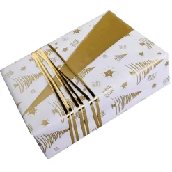Nachhaltiges, Doppelseitiges Weihnachts-Geschenkpapier Mit Tannenbäumen & Sternen In Gold – 50 M Geschenkpapier-Rolle