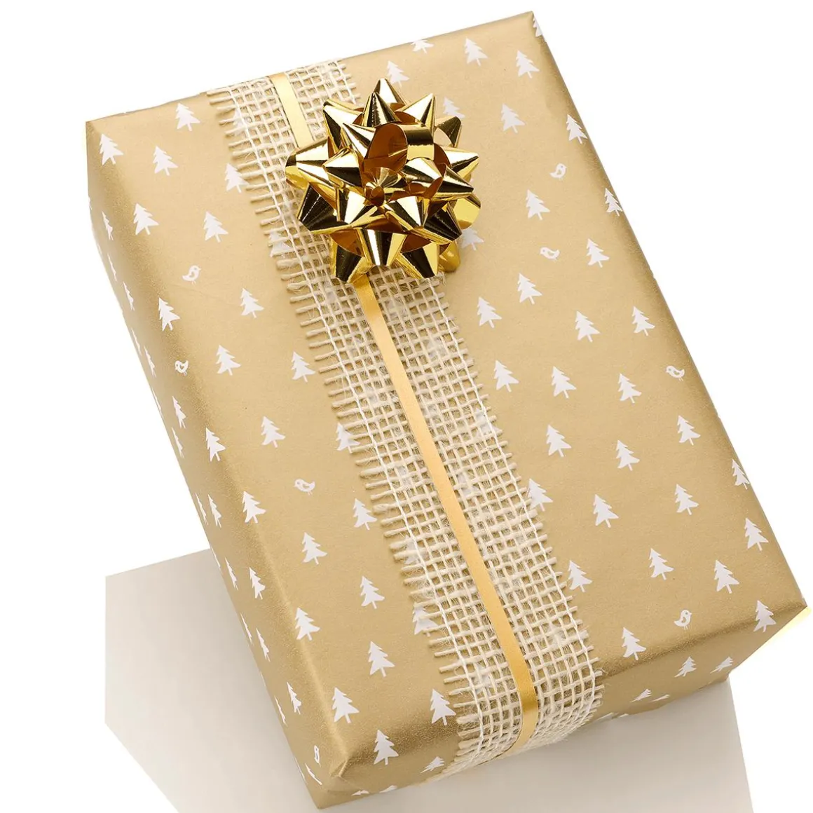 Nachhaltiges, Goldenes Weihnachts-Geschenkpapier Mit Weißen Tannenbäumen – 50 M Geschenkpapier-Rolle