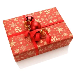 Recyceltes, Rotes Kraftpapier Mit Goldenen Schneeflocken – 50 M Geschenkpapier-Rolle