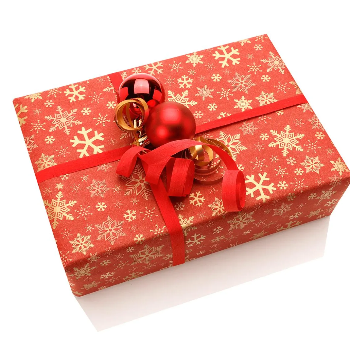 Recyceltes, Rotes Kraftpapier Mit Goldenen Schneeflocken – 50 M Geschenkpapier-Rolle