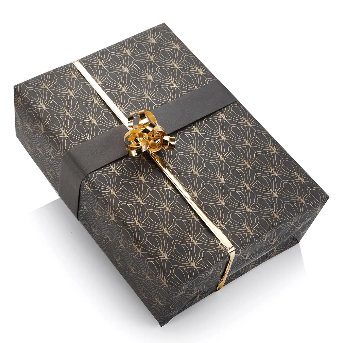 Recyceltes, Schwarzes Kraftpapier Mit Goldenem Fächermotiv – 50 M Geschenkpapier-Rolle