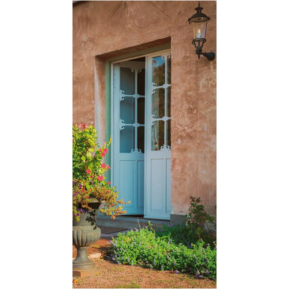 Schwer Entflammbarer Stoffbanner "hellblaue, Mediterrane Tür" Aus Fahnenstoff 100 X 200 Cm