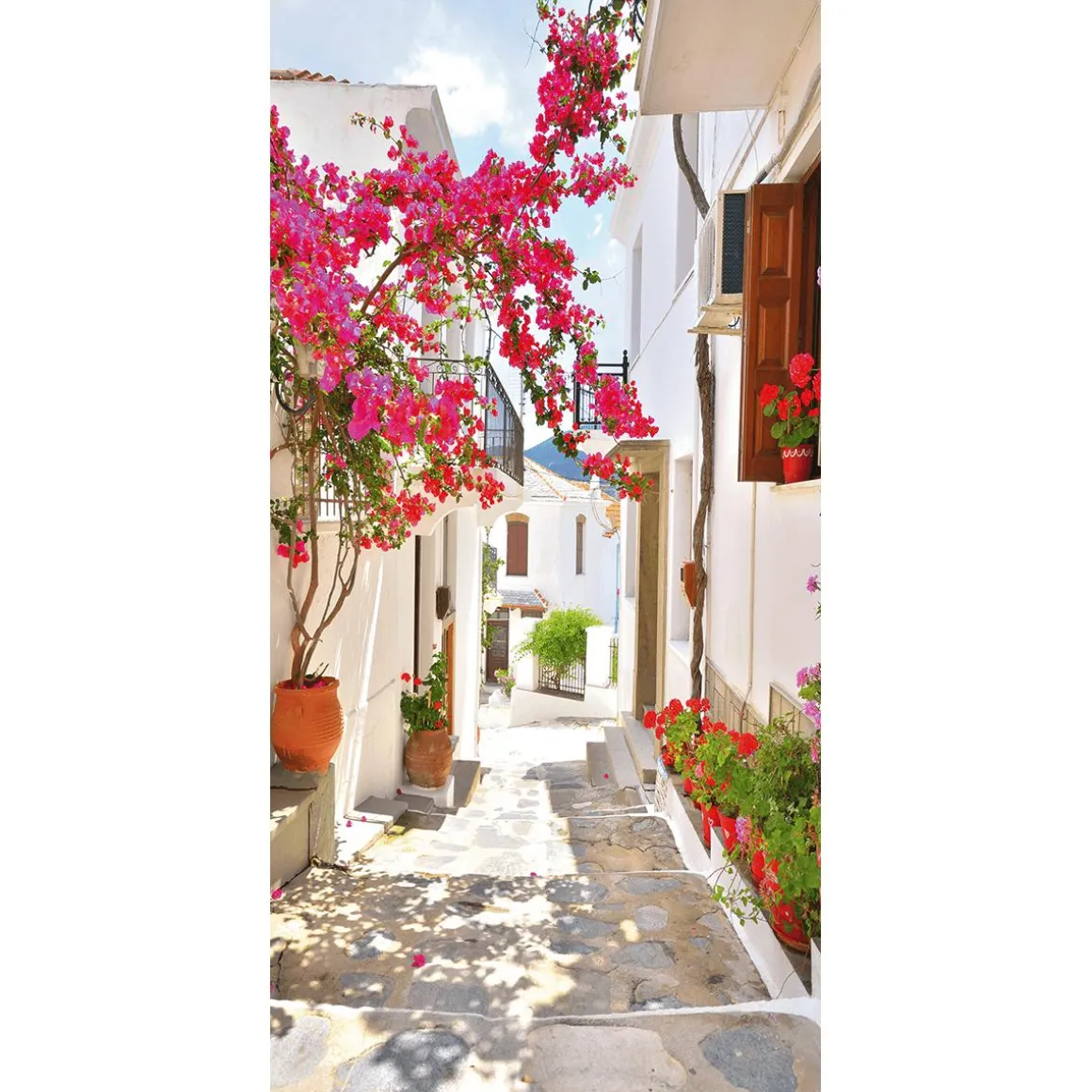 Schwer Entflammbarer Stoffbanner „mediterrane Gasse Mit Bougainvillea“ Aus Fahnenstoff 100 X 200 Cm